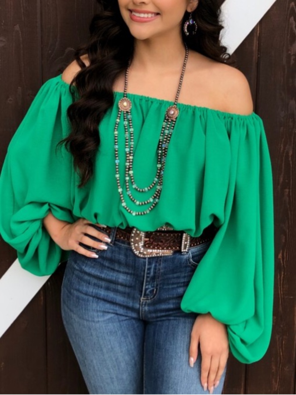 Vintage Havana Off-Shoulder Emerald Balloon Sleeve Blouse